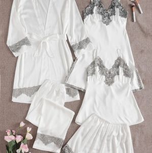 5 piece Guipure Lace Panel Belt Satin PJ Set